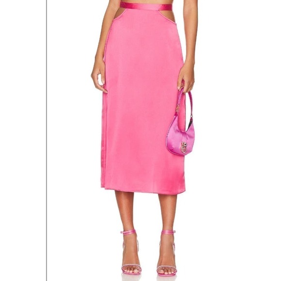 Revolve WeWoreWhat Women's Cut Out Midi Skirt Satin Charmeuse Hot Pink Sz M NWT - Picture 1 of 9
